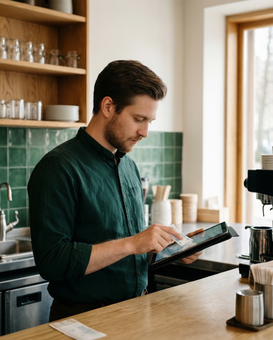 Caféägare som tittar på fakturor i en surfplatta