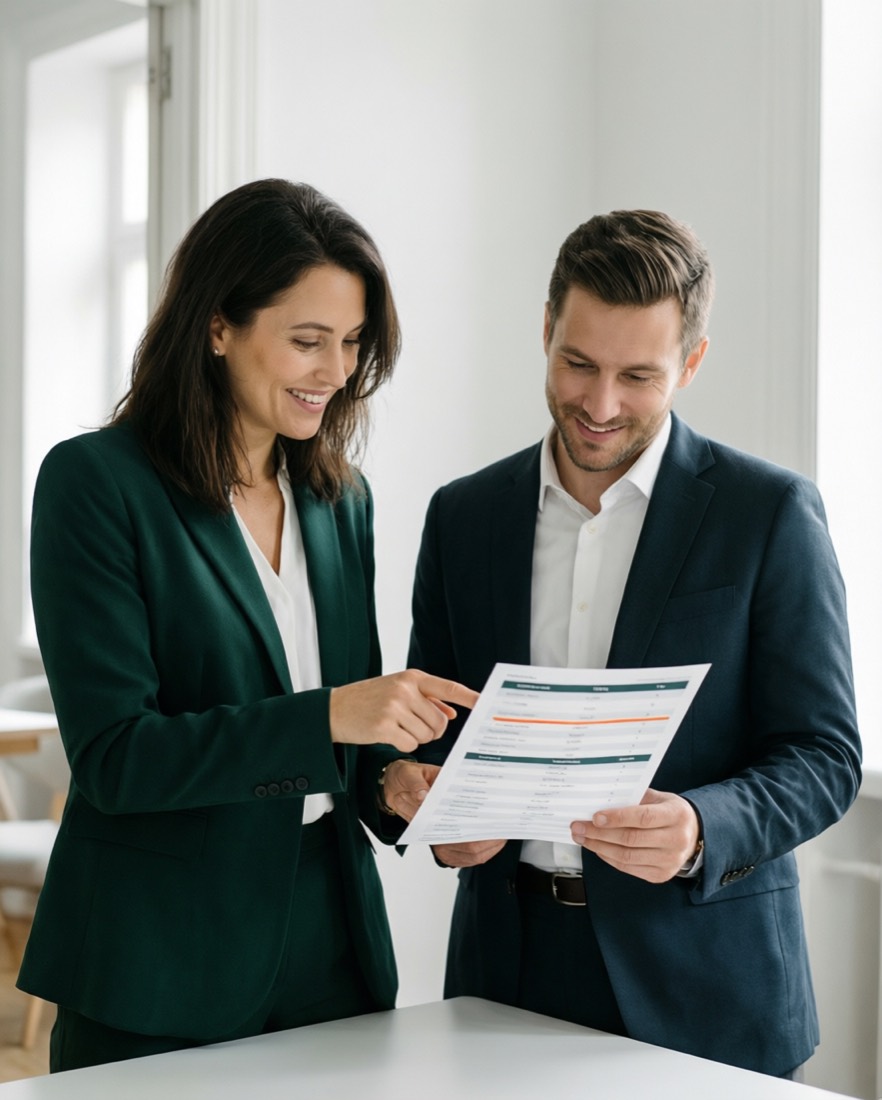 Två personer som går igenom en kostnadssammanställning
